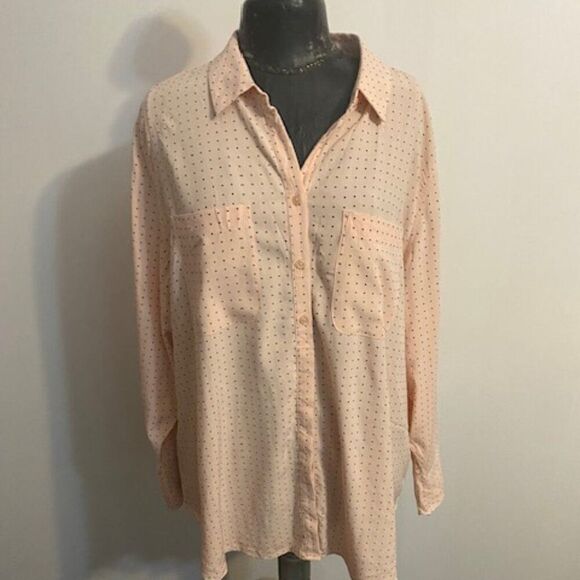 Chico's Peach/Black Polka dot long sleeve button-down blouse, size 3/(16/18) - Picture 1 of 4